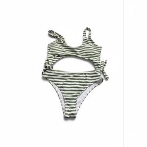 SHEIN Green White Striped Cutout One Piece Swimsuit Size M